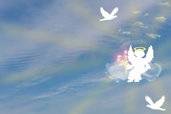 Ангел Букетом Звезд Сидит Облаке Фоне Солнечных Лучей Рядом Летают — стоковое фото
