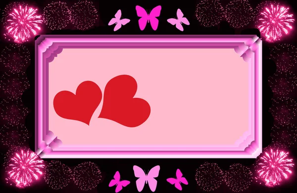 Pink Background Two Red Hearts Frame Frame Fireworks Butterflies — Stock Photo, Image