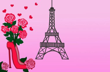 On a pink background, there is a red shoe with scarlet roses and hearts. The Effel Tower is silhouetted in the background.