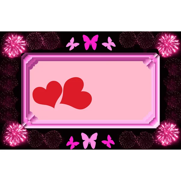 Pink Background Two Red Hearts Frame Frame Fireworks Butterflies —  Vetores de Stock