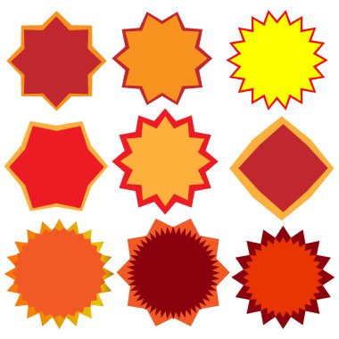 Beyaz arka planda, çeşitli şekillerde dokuz tane parlak çıkartma ve kenarlarında bir inme var..