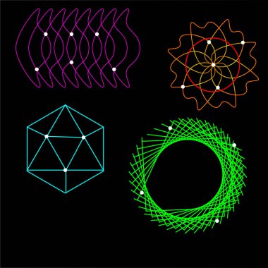 Vektör çizimi. Siyah arkaplanda, parlak tasarım elementleri tekrarlanan geometrik şekiller tarafından elde edilir.