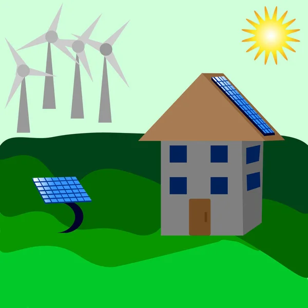 Vectorafbeeldingen Alternatieve Energiebronnen Zon Zonnepanelen Windgeneratoren — Stockvector