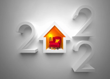 Yaratıcı 2022 Yeni Yıl tasarım şablonu. Sıcak renklerde, tamamen beyaz arka planda soyut bir iç mimarisi olan rahat bir ev. Bir takvim, tebrik kartı veya afiş için 3B görüntüleme.