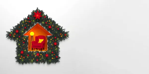 Ünnepélyesen Díszített Karácsonyfa Koszorú Egy Absztrakt Ház Alakjában Hangulatos Belső — Stock Fotó
