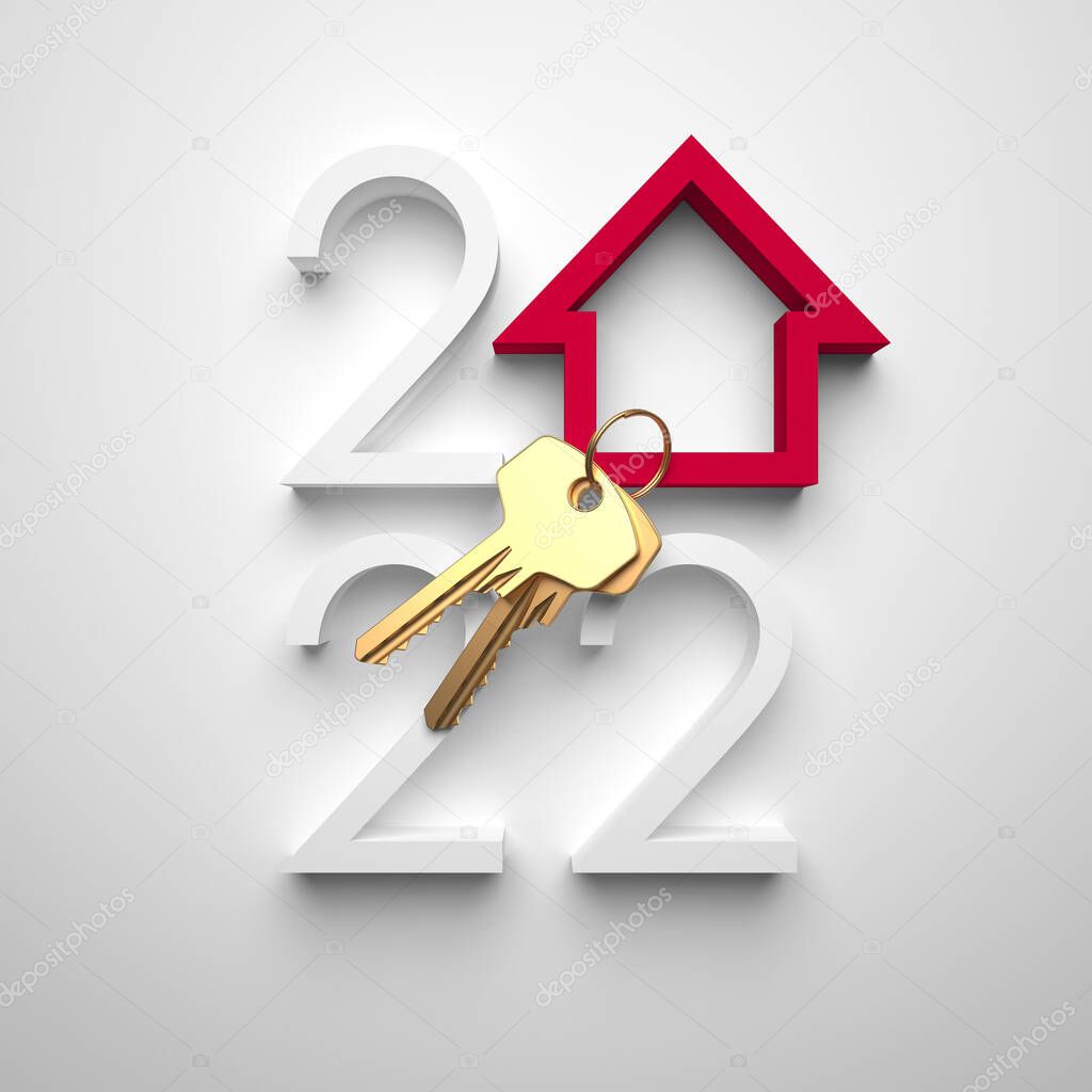 Creative 2022 New Year design template with golden keys and an abstract house symbol, all on white background. 3D render illustration for a calendar, greeting card or banner.