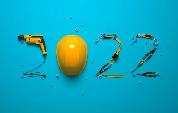 2022 Зроблено Набору Будівельних Інструментів Захисного Шолома Синьому Фоні Creative — стокове фото
