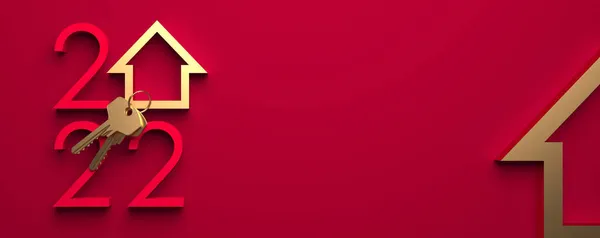 Творческий Новогодний Дизайн Украшен Золотыми Ключами Символом Дома Красном Фоне — стоковое фото