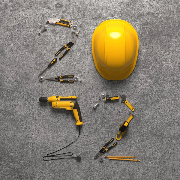 2022 Made Set Construction Tools Protective Helmet Grey Background Creative — Stock Photo, Image