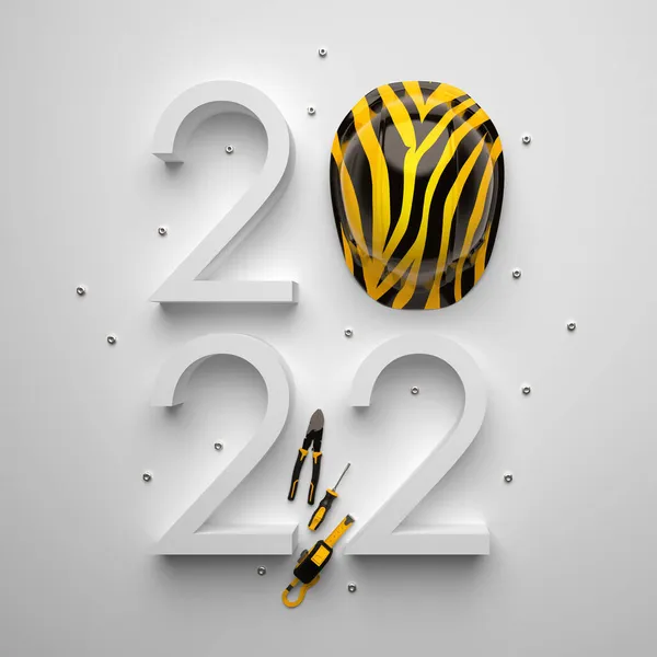 Креативний 2022 Рік Шаблон Дизайну Тигровим Смугастим Захисним Шоломом Інструментами — стокове фото