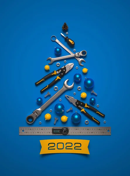 一种象征性的圣诞树 由蓝色背景的建筑工具制成 建筑和工程公司新年祝福的创意模板 3D渲染 — 图库照片