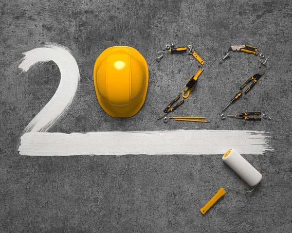 2022 Made Set Construction Tools Protective Helmet Grey Concrete Background — Stock Photo, Image