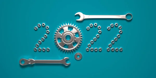 2022 Made Gears Nuts Turquoise Blue Background Creative 2022 New — Stock Photo, Image