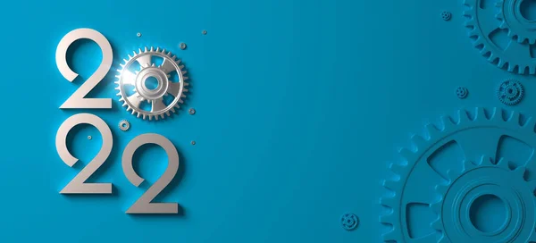 Creative 2022年新年のカレンダー グリーティングカード またはブルーの背景に歯車付きのバナーデザインテンプレート 建設およびエンジニアリング企業のための3Dレンダリングイラスト — ストック写真