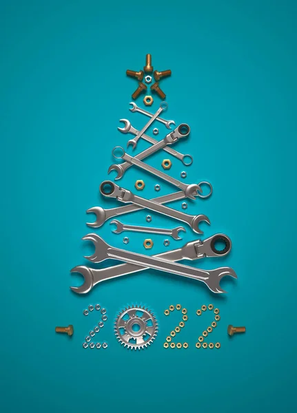 Szimbolikus Karácsonyfa Készült Csavarkulcsok Csavarok Anyák Kék Háttér Újévi Köszöntés — Stock Fotó