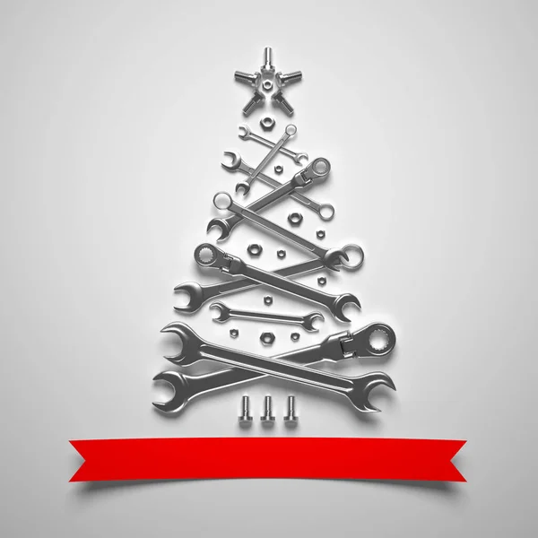 Egy Szimbolikus Karácsonyfa Csavarkulcsokból Csavarokból Diófélékből Fehér Alapon Újévi Köszöntés — Stock Fotó