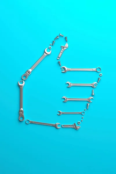 Symbolic Thumbs Sign Made Wrenches Bolts Nuts Blue Background Creative — стоковое фото