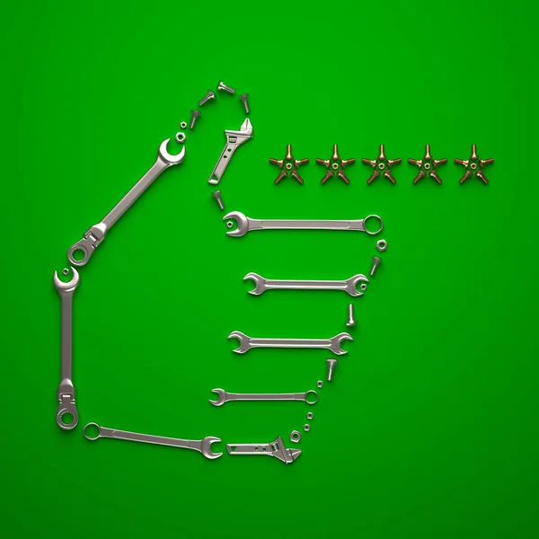 Symbolic Thumbs Sign Made Wrenches Bolts Nuts Green Background Creative — Zdjęcie stockowe