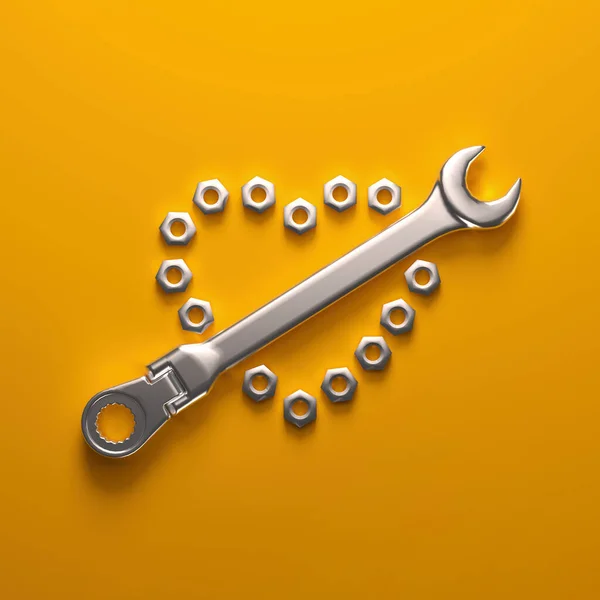 Wrench Nuts Laid Out Heart Shaped Composition Yellow Background Render — Foto Stock