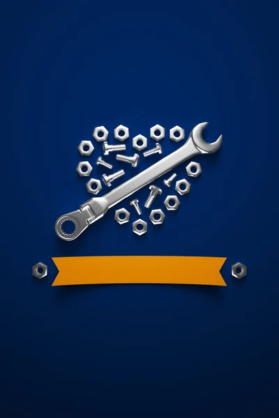 Wrench Screws Bolts Laid Out Heart Shaped Composition Dark Blue — Foto Stock