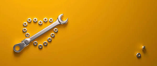Wrench Nuts Laid Out Heart Shaped Composition Yellow Background Render — Stockfoto