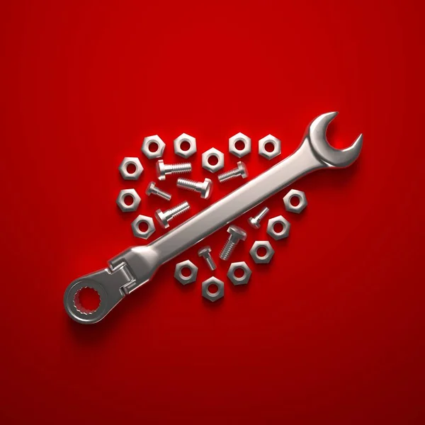 Wrench Screws Bolts Laid Out Heart Shaped Composition Red Background — 스톡 사진