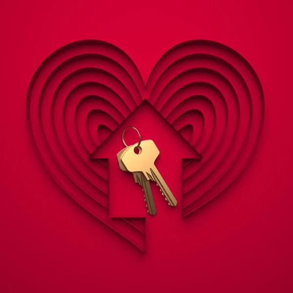 Kreatywny Wzór Złotymi Kluczami Abstrakcyjnymi Symbolami Domu Serca Wszystko Czerwonym — Zdjęcie stockowe