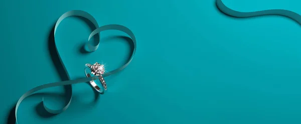 一枚镶有钻石的白色金订婚戒指 蓝绿色背景上有心形缎带 浪漫的婚礼珠宝背景 — 图库照片