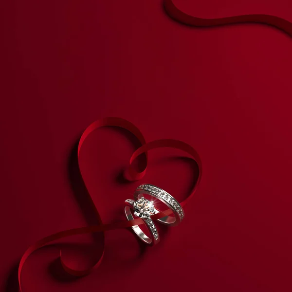 Fehér Arany Eljegyzési Gyűrű Gyémántokkal Szív Alakú Szalaggal Piros Háttérrel — Stock Fotó