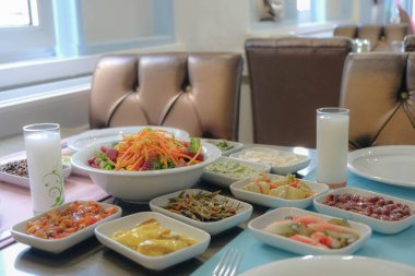 Traditional Turkish meze and appetizers on dinner table. The taste of Turkish Rak is also different. They are a milestone in Turkish culture. Close up view of friends having fun and toasting with rak. Celebrating concept at the table. aka uzo.