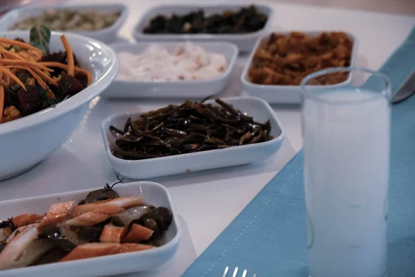 Traditional Turkish Meze Appetizers Dinner Table Mazzeh Meze Mezze Mazza — Stock Photo, Image