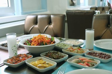 Traditional Turkish meze and appetizers on dinner table. The taste of Turkish Rak is also different. They are a milestone in Turkish culture. Close up view of friends having fun and toasting with rak. Celebrating concept at the table. aka uzo.