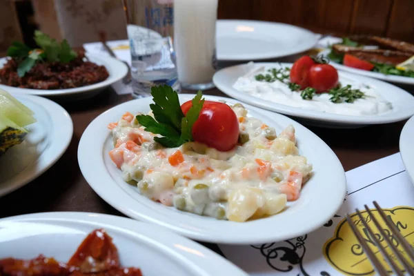 Traditional Turkish Meze Appetizers Dinner Table Mazzeh Meze Mezze Mazza — Stock Fotó