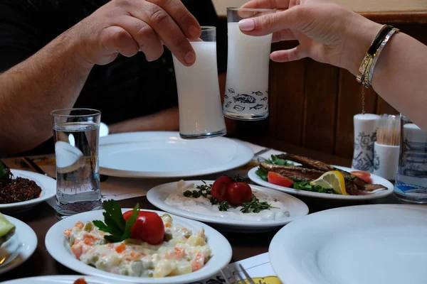 Traditional Turkish Meze Appetizers Dinner Table Taste Turkish Rak Also — стокове фото