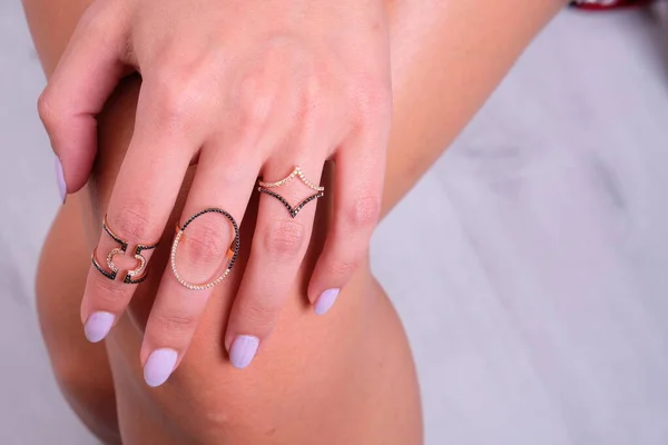 Woman Jewelery Concept Womans Hands Close Wearing Rings Necklace Modern — стоковое фото