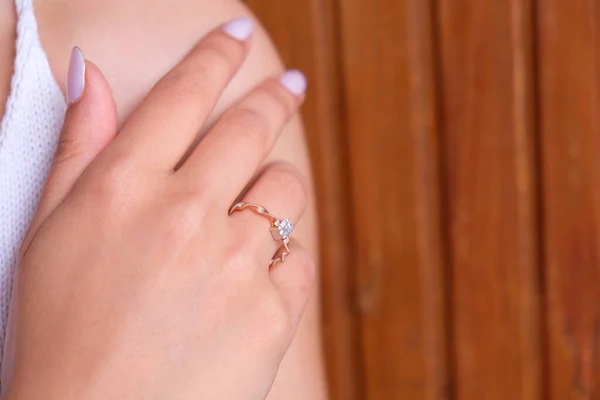 Woman Jewelery Concept Womans Hands Close Wearing Rings Necklace Modern — Stockfoto