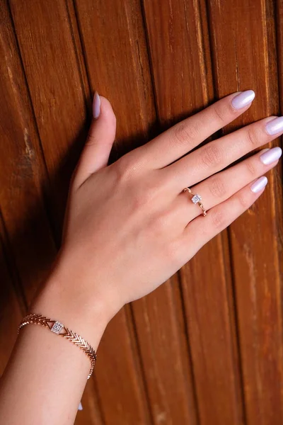 Woman Jewelery Concept Womans Hands Close Wearing Rings Necklace Modern — Stockfoto