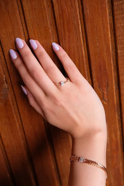 Woman Jewelery Concept Womans Hands Close Wearing Rings Necklace Modern — Stockfoto