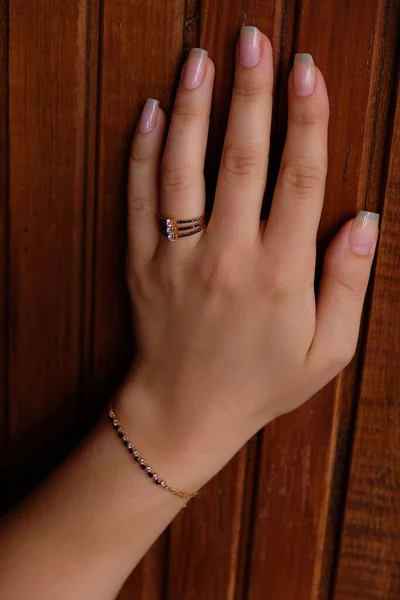 Woman Jewelery Concept Womans Hands Close Wearing Rings Necklace Modern — Stockfoto