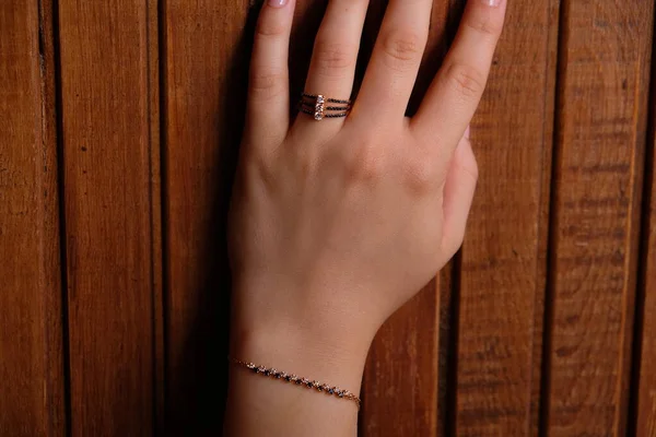 Woman Jewelery Concept Womans Hands Close Wearing Rings Necklace Modern — ストック写真