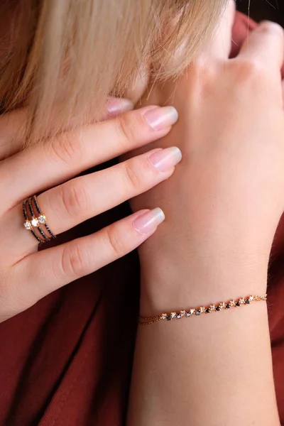 Woman Jewelery Concept Womans Hands Close Wearing Rings Necklace Modern — Stok fotoğraf