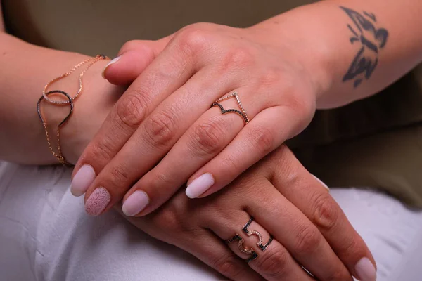 Woman Jewelery Concept Womans Hands Close Wearing Rings Necklace Modern — Φωτογραφία Αρχείου