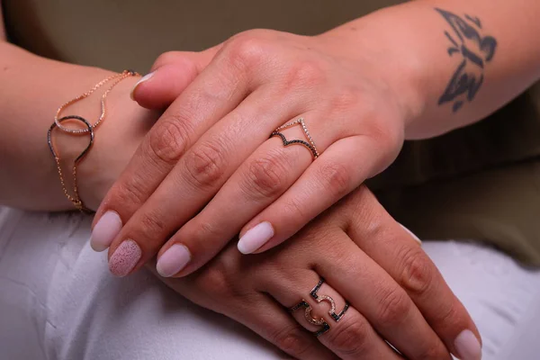 Woman Jewelery Concept Womans Hands Close Wearing Rings Necklace Modern — Foto de Stock