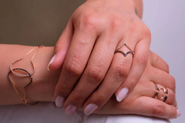 Woman Jewelery Concept Womans Hands Close Wearing Rings Necklace Modern — Photo