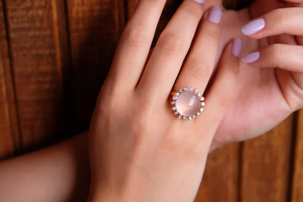 Woman Jewelery Concept Womans Hands Close Wearing Rings Necklace Modern — Stockfoto