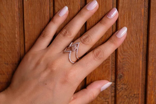 Woman Jewelery Concept Womans Hands Close Wearing Rings Necklace Modern — Stockfoto