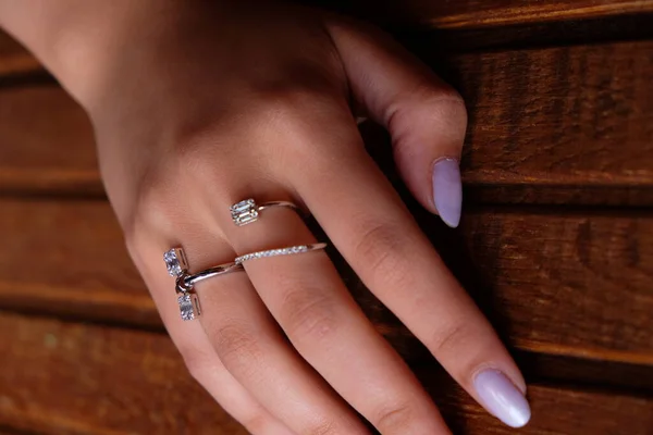 Woman Jewelery Concept Womans Hands Close Wearing Rings Necklace Modern — 스톡 사진