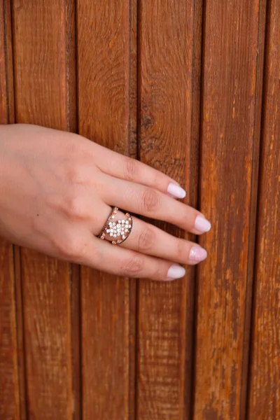 Woman Jewelery Concept Womans Hands Close Wearing Rings Necklace Modern — Stok fotoğraf