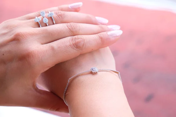 Woman Jewelery Concept Womans Hands Close Wearing Rings Necklace Modern — Stockfoto