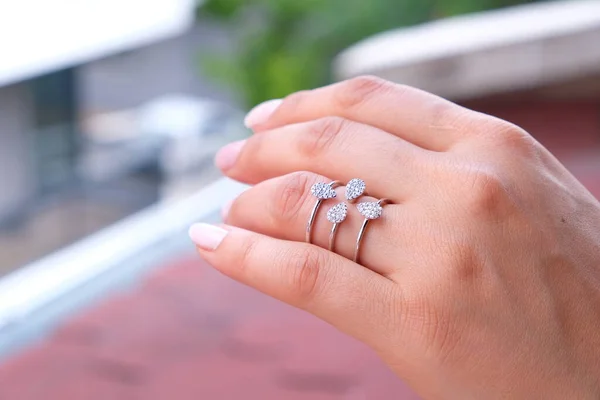 Woman Jewelery Concept Womans Hands Close Wearing Rings Necklace Modern — Stockfoto